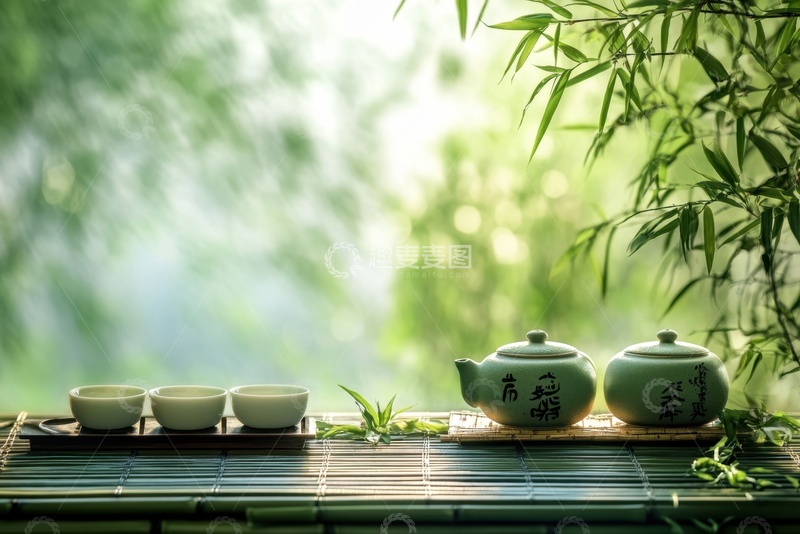 高清大图下载【趣麦麦图】户外竹林里放置的茶具茶水 