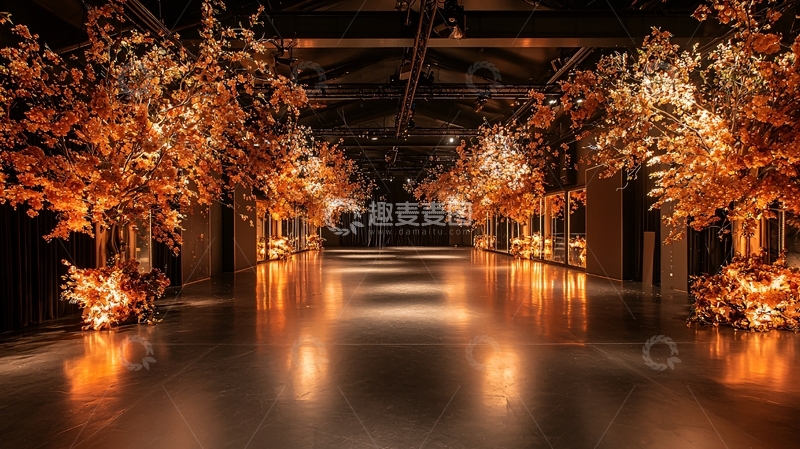 高清大图下载【趣麦麦图】金色树木装饰的室内走廊
