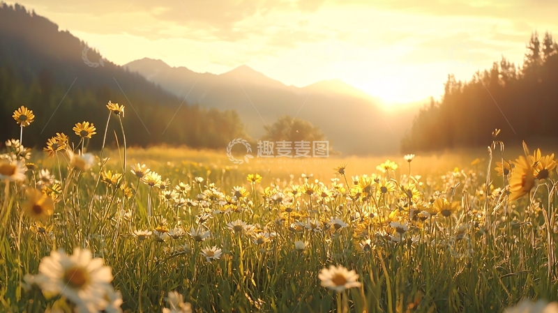 高清大图下载【趣麦麦图】金色阳光下的雏菊花田