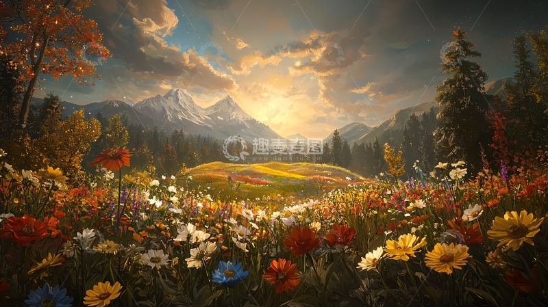 壮丽山景下的繁花草地