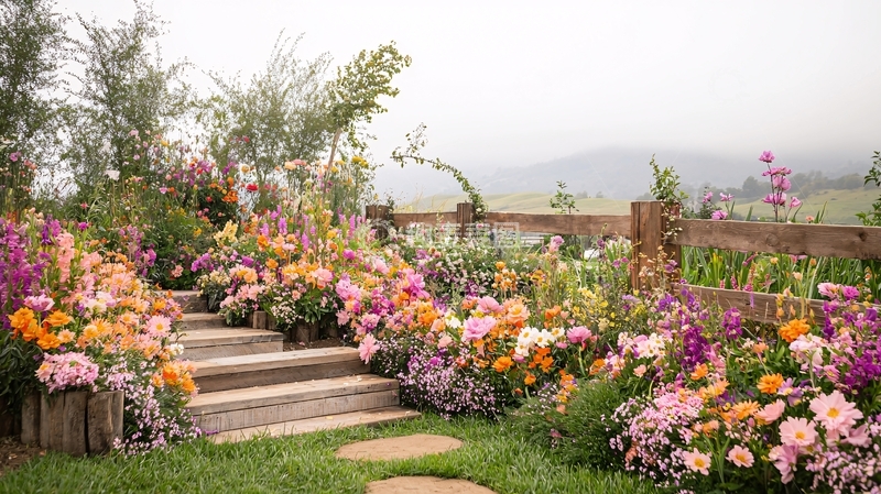 高清大图下载【趣麦麦图】鲜花盛开的花园石阶