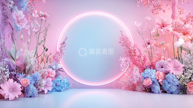 高清大图下载【趣麦麦图】粉色蓝色花卉环绕