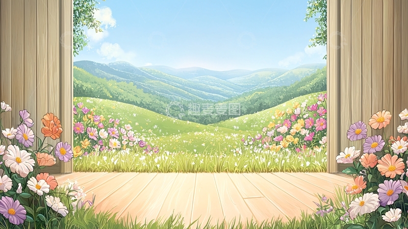 高清大图下载【趣麦麦图】透过木门看绿意盎然山丘