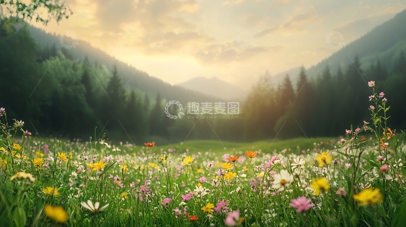 高清大图下载【趣麦麦图】山谷鲜花盛开的草地