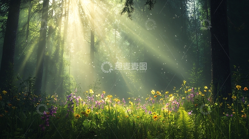 高清大图下载【趣麦麦图】森林阳光透过树木