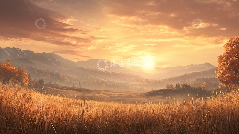 高清大图下载【趣麦麦图】金色田野日落山景