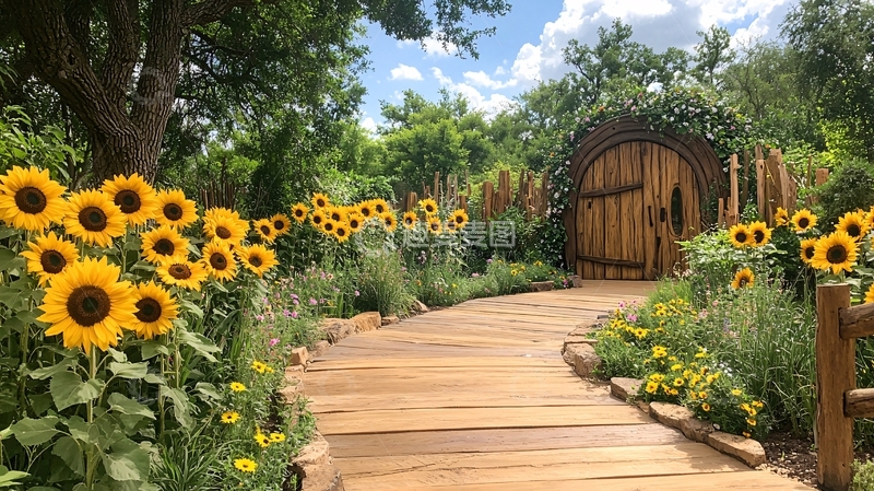高清大图下载【趣麦麦图】向日葵花园小径木门