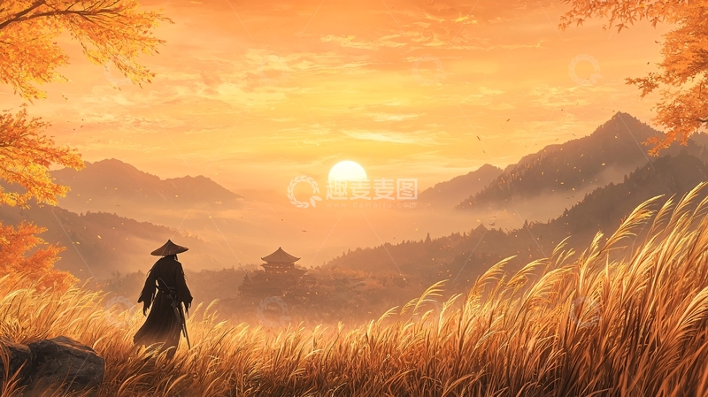 高清大图下载【趣麦麦图】武士背影秋日夕阳山水