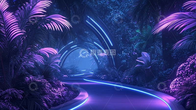 高清大图下载【趣麦麦图】紫蓝色热带丛林未来路