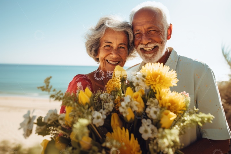 高清大图下载【趣麦麦图】抱着鲜花的老年夫妻1