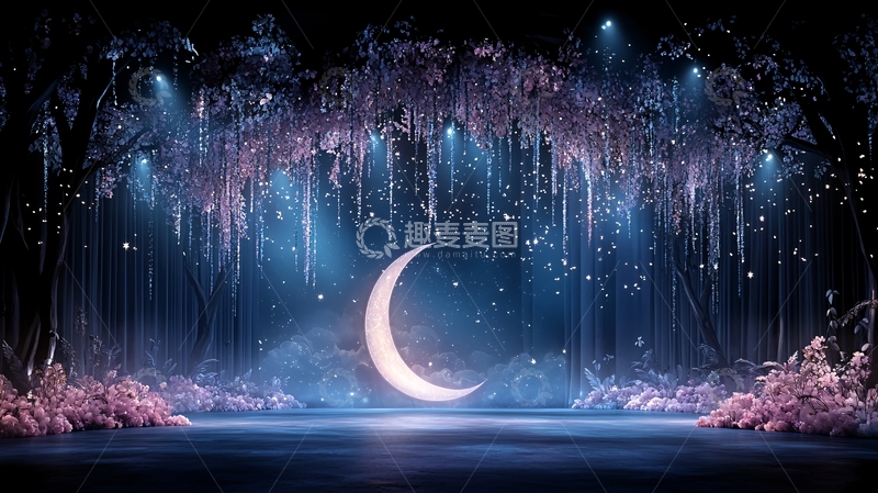 高清大图下载【趣麦麦图】奇幻森林夜景弯月