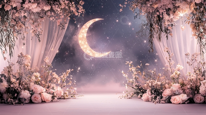 高清大图下载【趣麦麦图】粉色花卉月亮梦幻场景