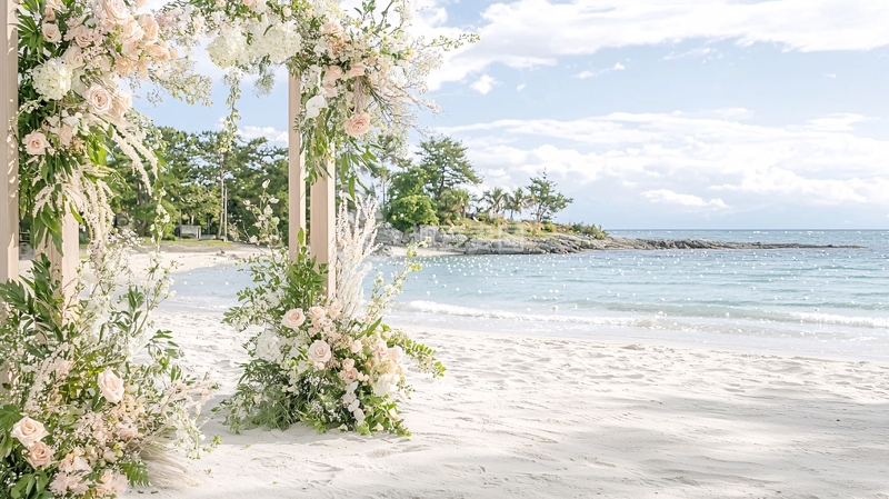 高清大图下载【趣麦麦图】海滩婚礼白色花卉拱门