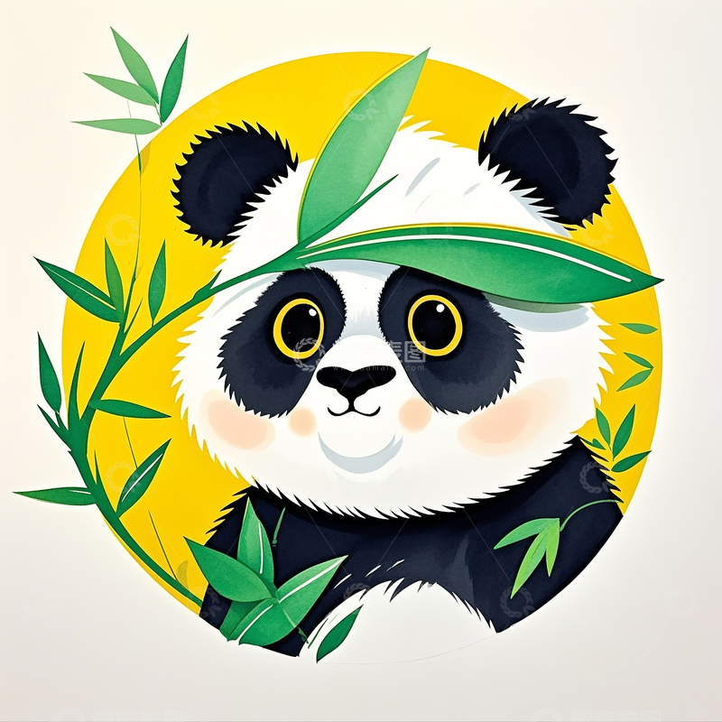 高清大图下载【趣麦麦图】Q版卡通竹叶大熊猫