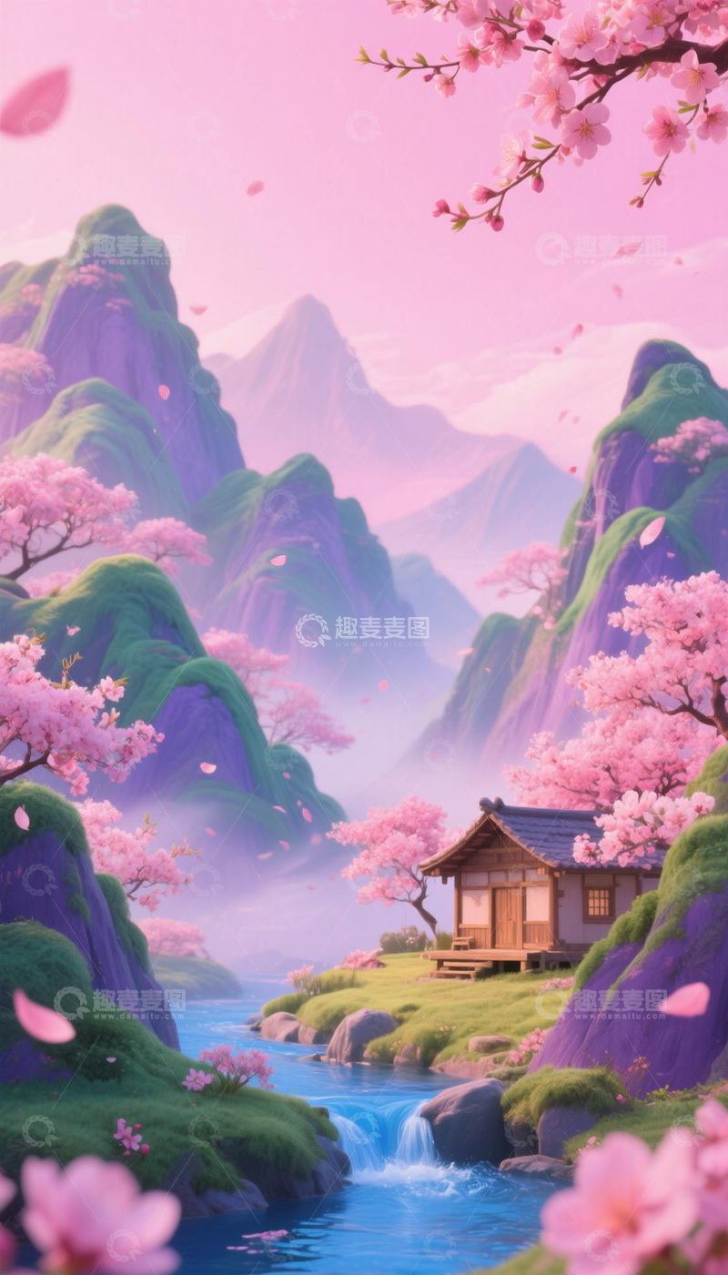 高清大图下载【趣麦麦图】高山流水旁的小屋