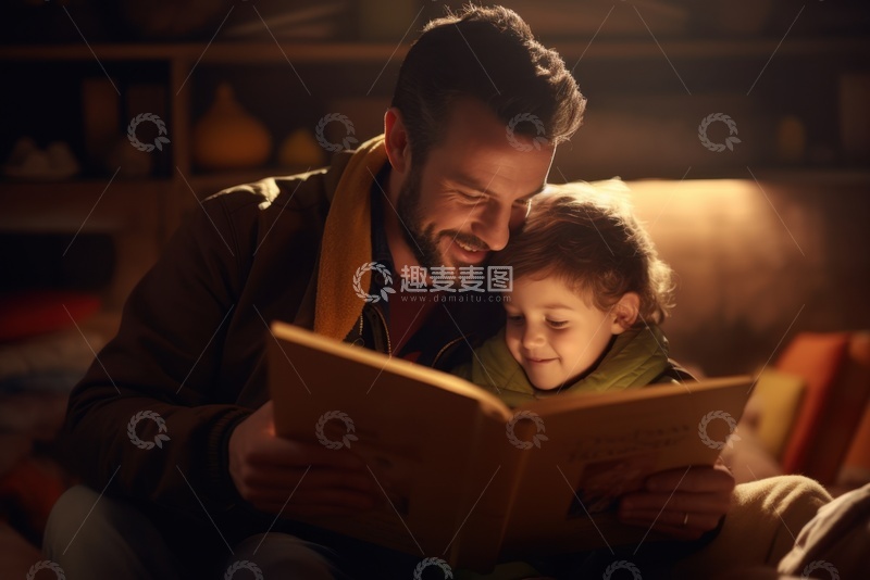 高清大图下载【趣麦麦图】父亲给小孩读睡前故事