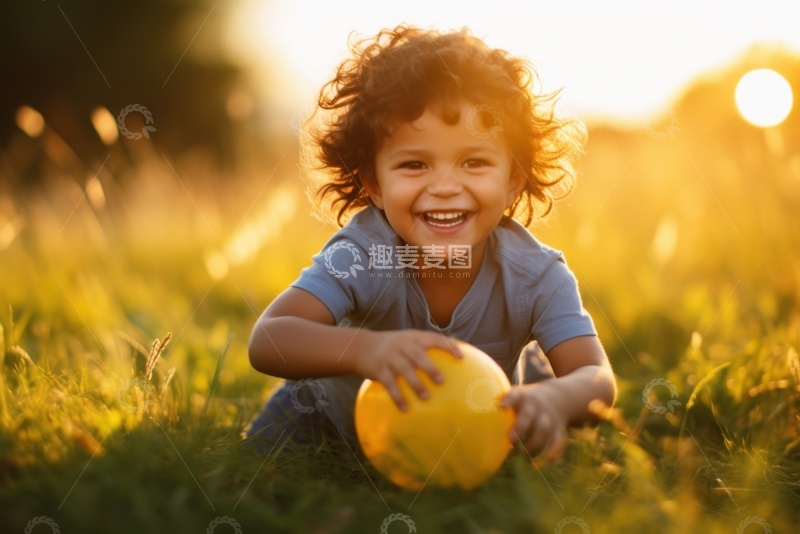 高清大图下载【趣麦麦图】户外草坪上玩球的小孩