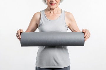 拿着瑜伽垫子的老奶奶