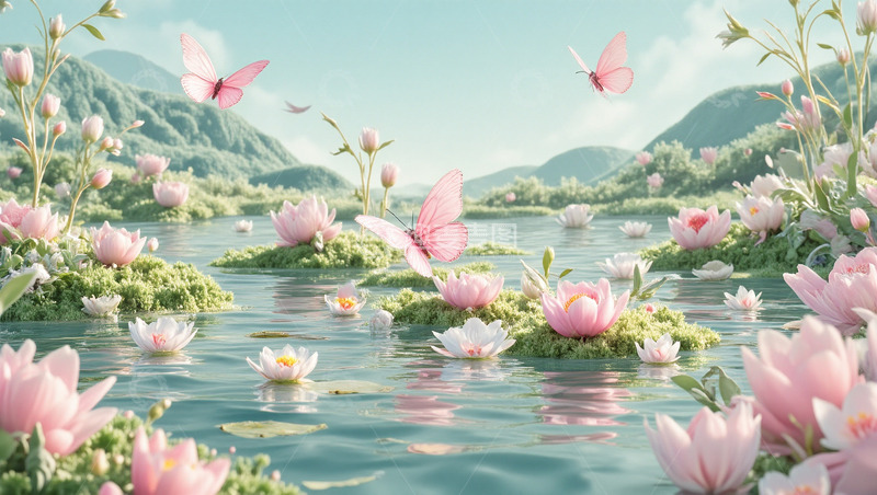 高清大图下载【趣麦麦图】池塘鲜花蝴蝶春天荷花夏天