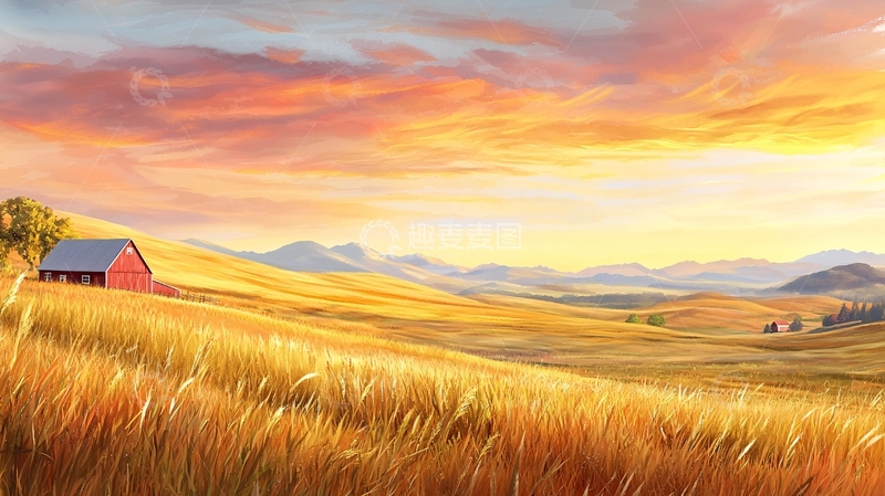 高清大图下载【趣麦麦图】金黄色麦田小屋日落