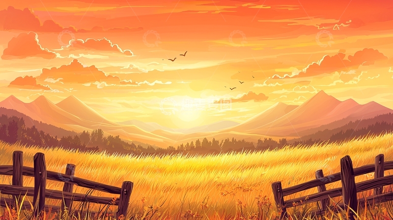 高清大图下载【趣麦麦图】金色田野日落山景