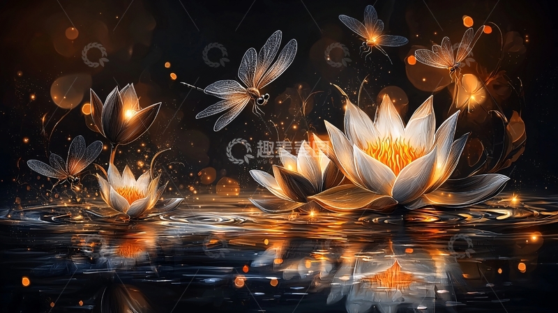 高清大图下载【趣麦麦图】黑暗唯美荷花蜻蜓萤火虫