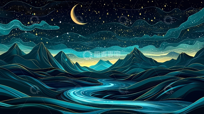 高清大图下载【趣麦麦图】夜晚山川河流星空月亮