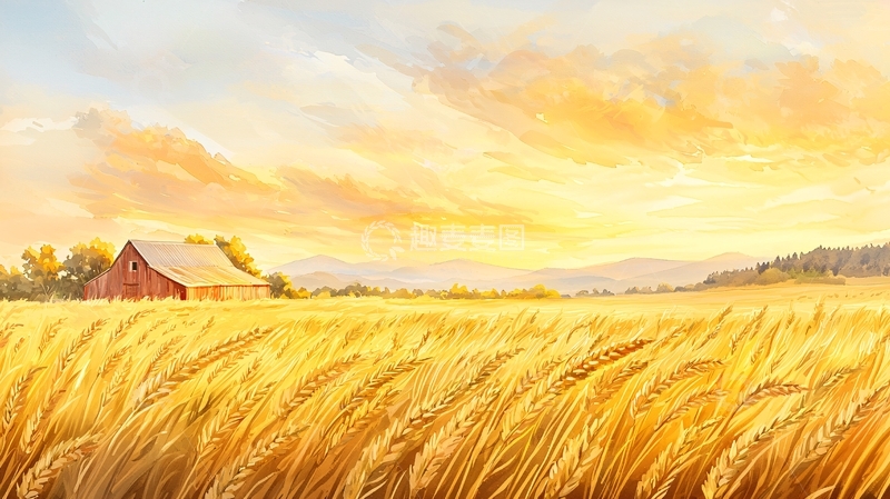 高清大图下载【趣麦麦图】金色麦田农舍夕阳