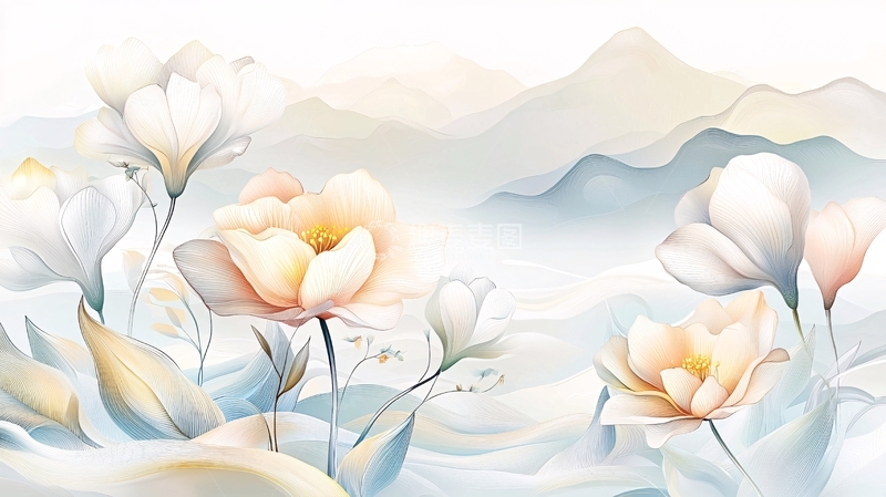 高清大图下载【趣麦麦图】淡雅花卉山水背景墙