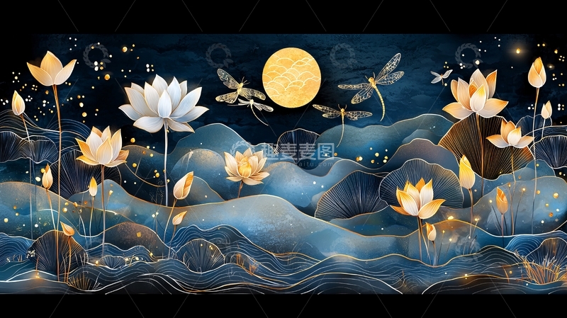 高清大图下载【趣麦麦图】莲花明月夜空唯美意境插画