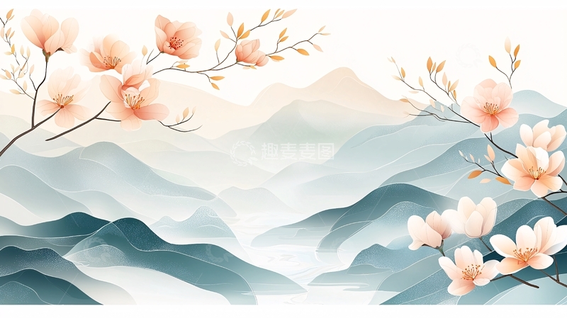 高清大图下载【趣麦麦图】山水花卉水墨风背景墙