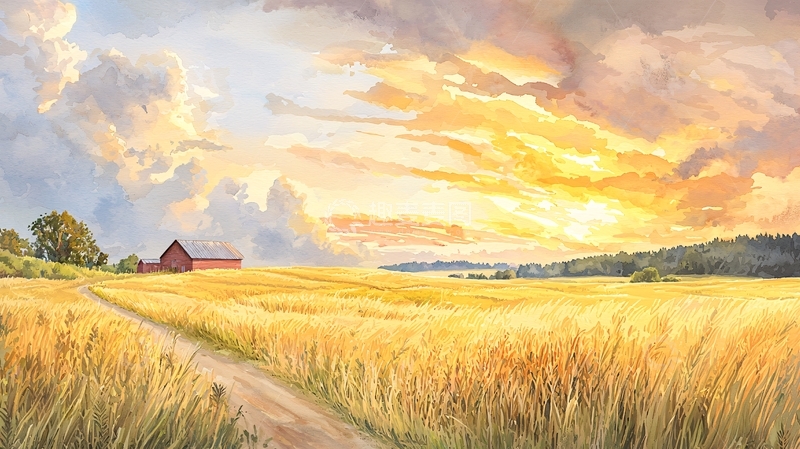 高清大图下载【趣麦麦图】金黄色麦田上的日落