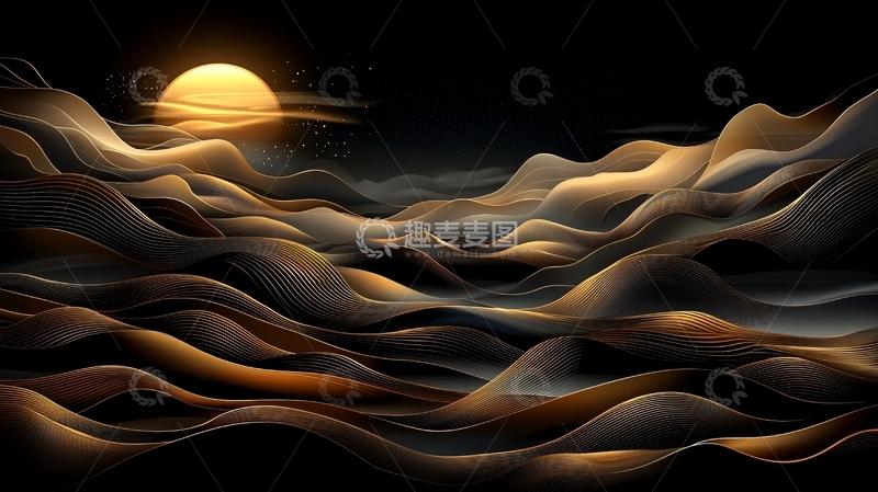 高清大图下载【趣麦麦图】抽象波浪与金色太阳