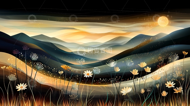 高清大图下载【趣麦麦图】山峦花海的日落美景