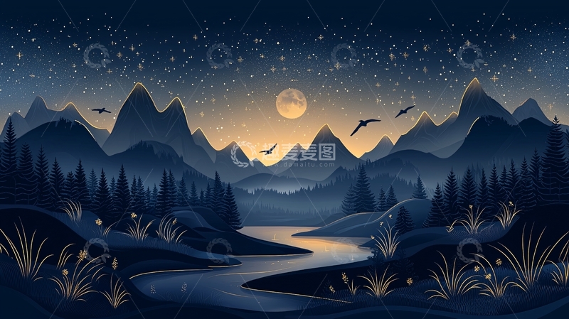 高清大图下载【趣麦麦图】夜幕下的山水剪影风景