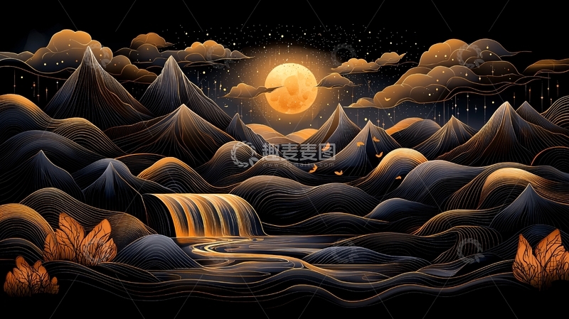 高清大图下载【趣麦麦图】黑色山峦下的金色月亮