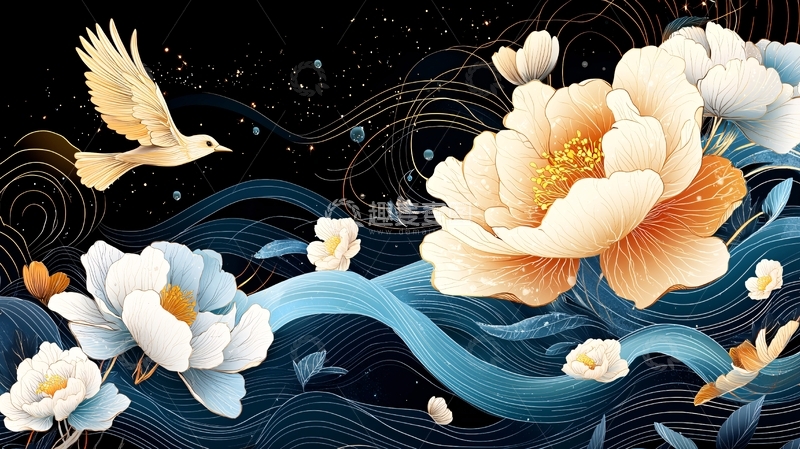 高清大图下载【趣麦麦图】金色飞鸟与花朵的唯美意境