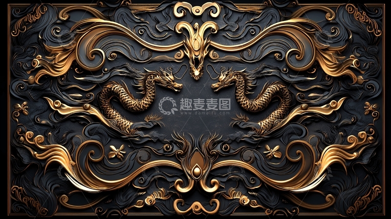 高清大图下载【趣麦麦图】华丽金色龙纹雕刻背景