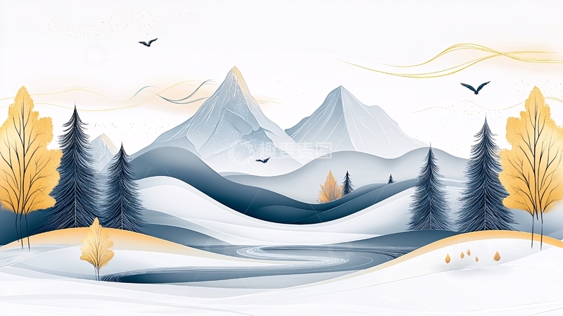 高清大图下载【趣麦麦图】水墨风山峰树木飞鸟意境图