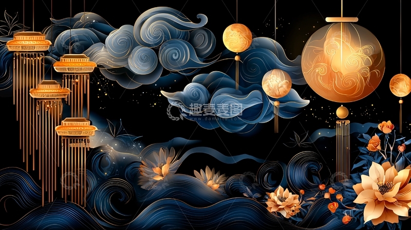 高清大图下载【趣麦麦图】水墨风灯笼祥云背景图