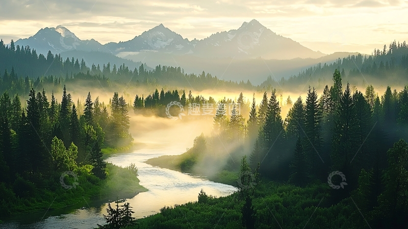 高清大图下载【趣麦麦图】山间河流晨雾森林的景象