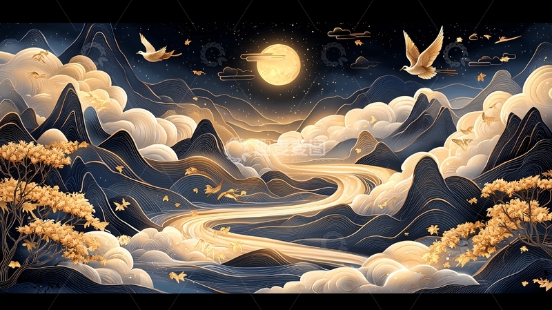 高清大图下载【趣麦麦图】月夜山水画高清图片