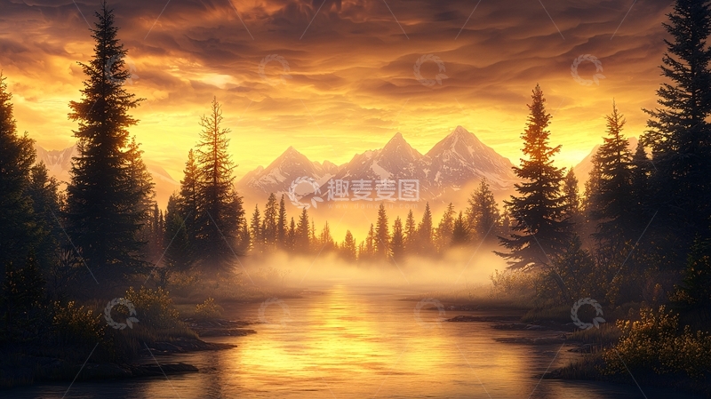 高清大图下载【趣麦麦图】金色薄雾笼罩的山水