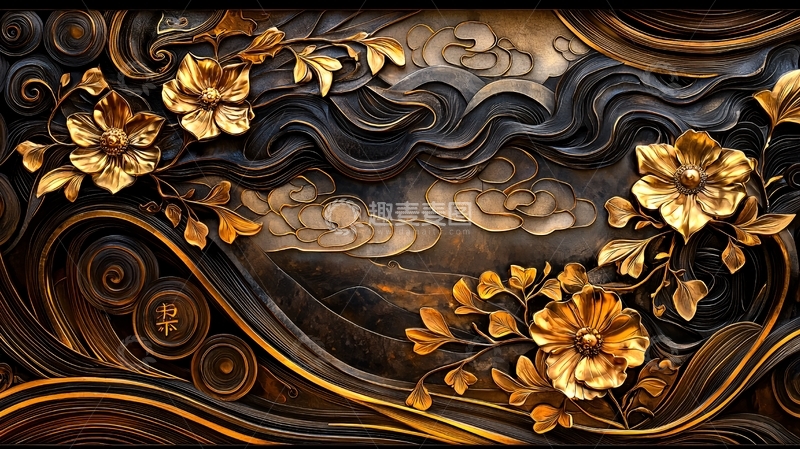 高清大图下载【趣麦麦图】金色花卉与抽象云雾