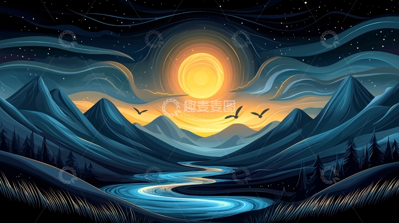 高清大图下载【趣麦麦图】山间夜空日出