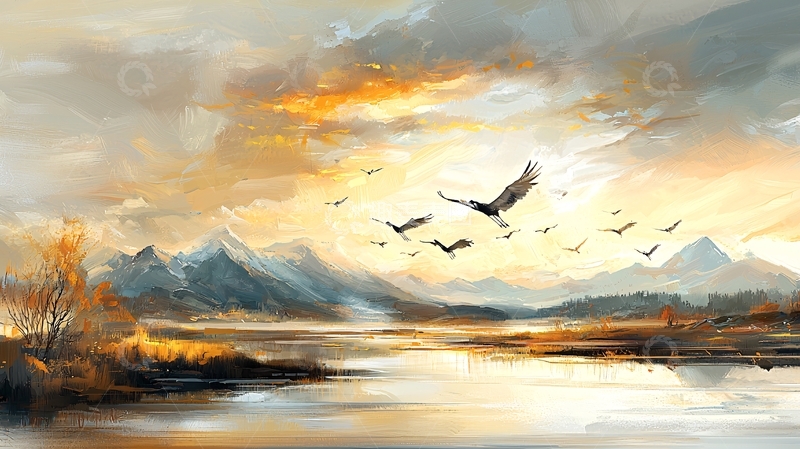 高清大图下载【趣麦麦图】水面飞鸟山峰落日油画