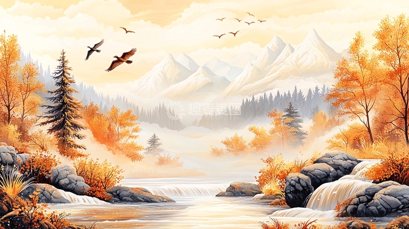 高清大图下载【趣麦麦图】秋日山水鸟飞翔