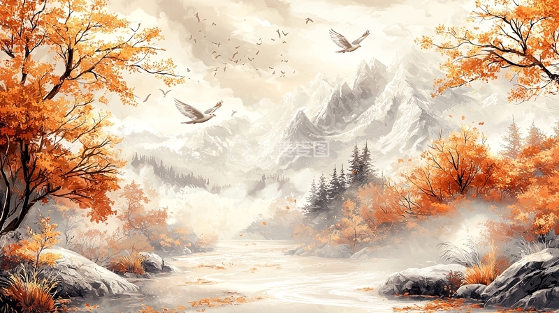 高清大图下载【趣麦麦图】秋日山水飞鸟水墨画