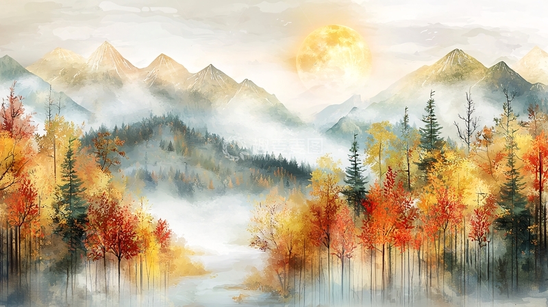 高清大图下载【趣麦麦图】秋季山水画高清图片