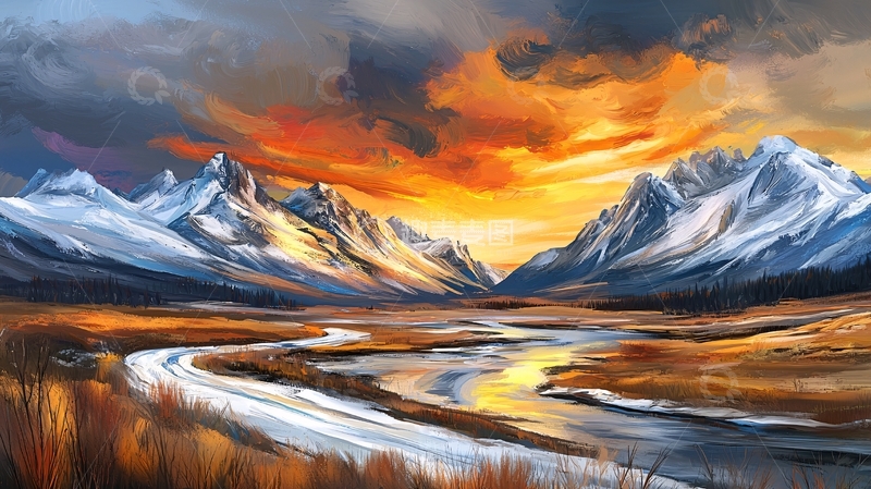 高清大图下载【趣麦麦图】山脉河流日落油画风格